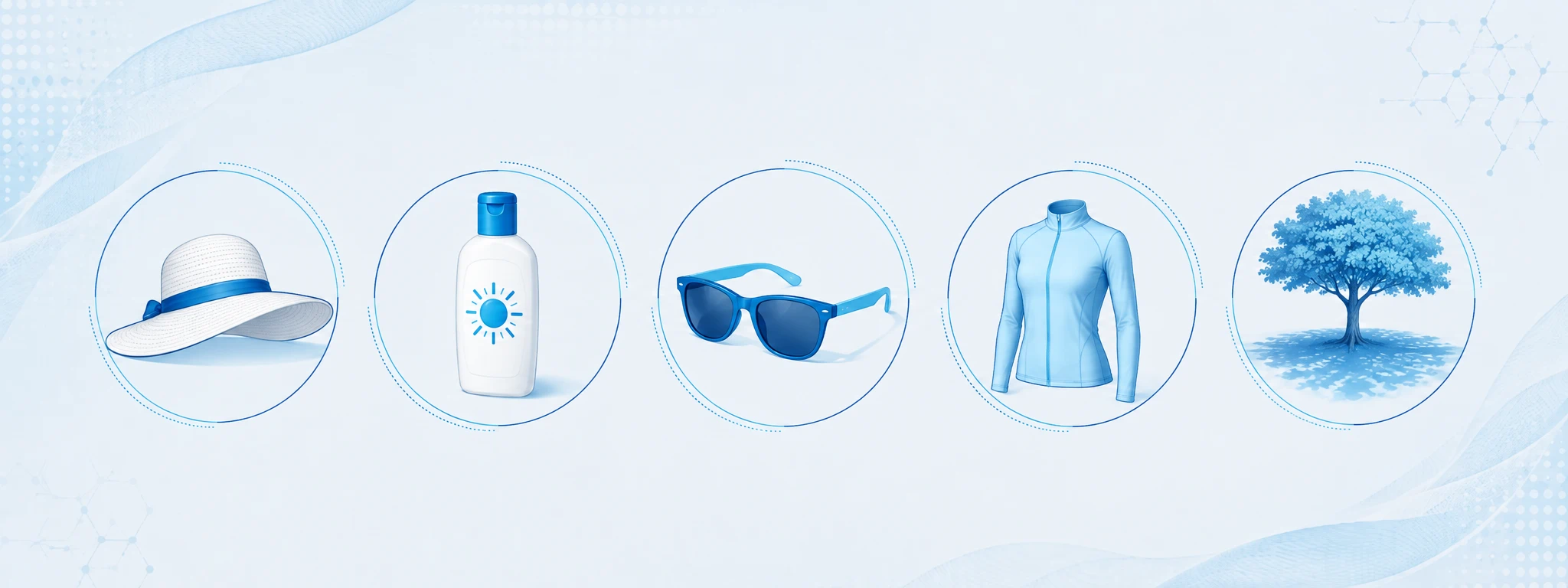 Medidas de protección solar: sombrero de ala ancha, protector solar, lentes con filtro UV y sombra